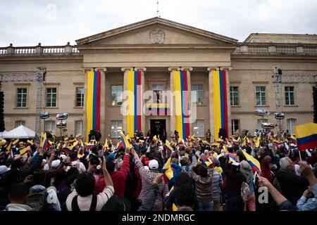 People gather at the presidential palace 'Casa de Nariño' during a demonstration to support Colombian government reforms in Bogota, Colombia on February 14, 2023. Photo by: Daniel Romero/Long Visual Press Stock Photo