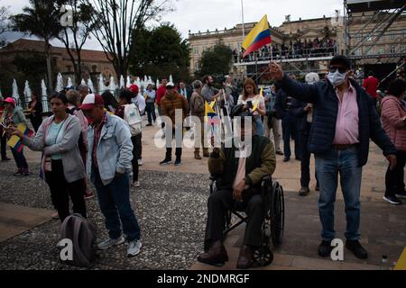 People gather at the presidential palace 'Casa de Nariño' during a demonstration to support Colombian government reforms in Bogota, Colombia on February 14, 2023. Photo by: Daniel Romero/Long Visual Press Stock Photo