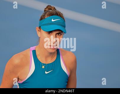 Doha, Qatar. 15th Feb, 2023. Belinda Bencic of Switzerland reacts during the singles round of 16 match against Victoria Azarenka of Belarus at WTA500 Qatar Open 2023 in Doha, Qatar, Feb. 15, 2023. Credit: Nikku/Xinhua/Alamy Live News Stock Photo