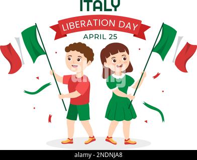 Italy Liberation Day Illustration with Kids, Holiday Celebrate on April 25 and Wave Flag Italian in Flat Cartoon Hand Drawn for Landing Page Templates Stock Vector