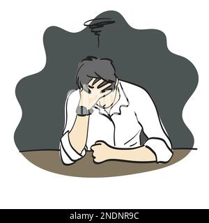 line art depressed businessman holding head in hand illustration vector hand drawn isolated on white background Stock Vector