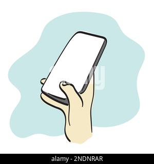line art hand holding smartphone with empty screen illustration vector hand drawn isolated on white background Stock Vector