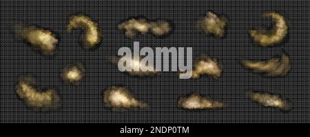 Brown dust, sand and smoke clouds set. Effect of sandstorm, wind storm in desert or explosion with texture of flying dusty powder, vector realistic is Stock Vector