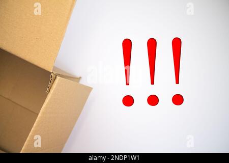 Exclamation Message Box Exclamation mark word with cardboard box. Brown folded card box Stock ...