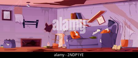 Cartoon vector background with old dirty living room. Abandoned house with messy furniture and torn sofa with stain. Disaster at home with garbage. Un Stock Vector