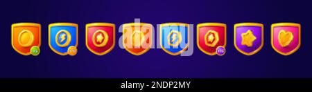 Cartoon set of shield game badges isolated on background. Vector illustration of gui rank emblems with star, coin, heart, lightning icons in golden fr Stock Vector