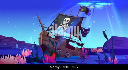 Underwater game scene with pirate ship crash and beam light. Vector wreck boat with black torn flag on seabed. Abandoned sunken vessel, sail with joll Stock Vector