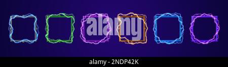 Ui square border for profile avatar in game with electricity lightning effect. Neon thunderbolt frame set vector isolated. Different fantasy interface Stock Vector