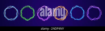 Ui circle border for profile avatar in game with electricity lightning effect. Neon thunderbolt frame set vector isolated. Different fantasy interface Stock Vector