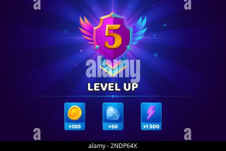 Level up banner for game ui. Reward badge for win with bonus of gold coins, diamonds and energy. Game badge with shield with wings and ribbons for win Stock Vector