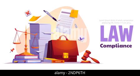 Law compliance, company policies and rules. Legal regulatory guidelines banner with paper documents stacks, books, balance and judicial hammer, vector Stock Vector