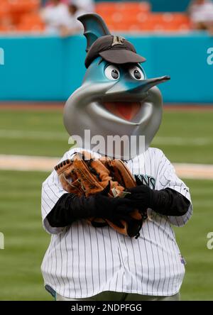 Miami Marlins mascot Billy the Marlin entertains the crowd opening day  against the St. Louis Cardinals at the new Miami Marlins Ball Park on April  4, 2012, in Miami, Florida. The Cardinals