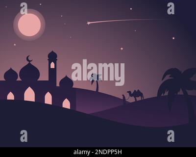 A Full moon night Mosque on the desert silhouette - Purple Dark Color Silhouette Stock Vector
