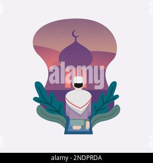 Illustration of Man Sholat Sit on a carpet - Flat Design Isolated with Mosque Background - Ramadan Kareem Vector Illustration Design. Stock Vector