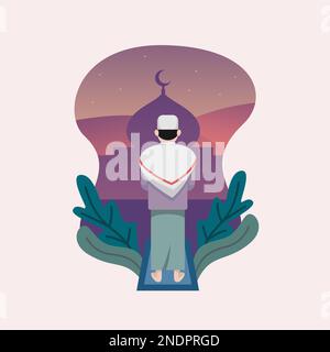 Illustration of Man sholat Flat Design Isolated with Mosque Background - Ramadan Kareem Vector Illustration Design. Stock Vector