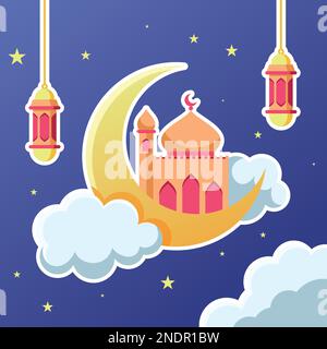 Islamic Ramadan Kareem - Eid Al-Fitr Background Vector Illustration Design - The Mosque on the Moon. Stock Vector