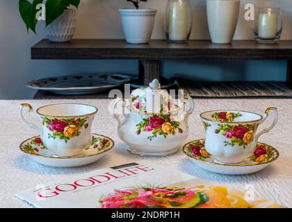 Royal Albert porcelain tableware, coffee cup. Hand-painted flowers. Can be used to illustrate porcelain dishes in newspapers. Stock Photo