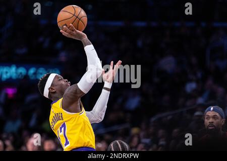 Los Angeles, USA. 15th Feb, 2023. Basketball: NBA, Main Round, Los Angeles Lakers - New Orleans Pelicans. Dennis Schröder of the Los Angeles Lakers taking a shot. Credit: Maximilian Haupt/dpa/Alamy Live News Stock Photo