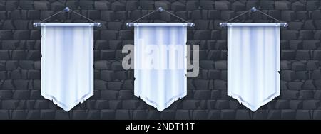 Blank vertical medieval flag mockup for game design. Isolated 3d white pennon hanging on stone wall background. Royal or knight vintage pennant with silver border, ragged edge Stock Vector