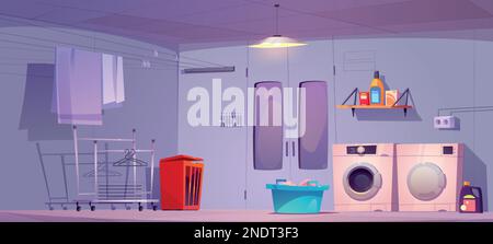 Cartoon laundry room interior design. Vector illustration of washing machine and drier, clean sheets drying on rack, dirty clothes in basket, detergent boxes and bottles on shelf. Household chores Stock Vector