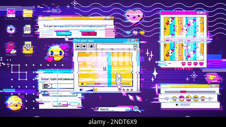 Retro y2k window browser screen with glitch effect vector background. 90s psychedelic design for internet interface. Vaporwave desktop notification template. Nostalgic bug and distortion illustration. Stock Vector