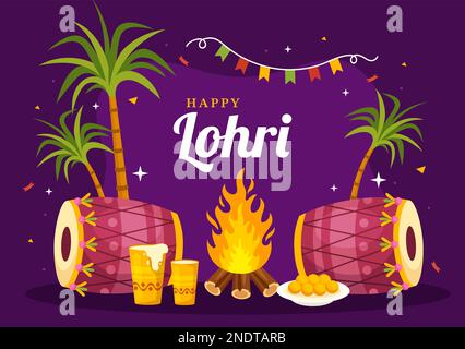 Happy Lohri Festival of Punjab India Illustration with Playing Dance and Celebration Bonfire in Flat Cartoon Hand Drawn for Landing Page Templates Stock Vector