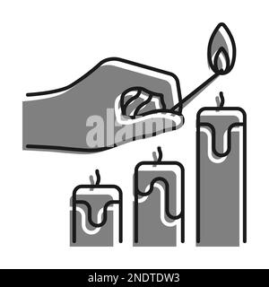 Linear filled with gray color icon. Hand Holds Burning Match Over Candles. Preparing For The Holiday, Lighting Candles. Simple black and white vector Stock Vector