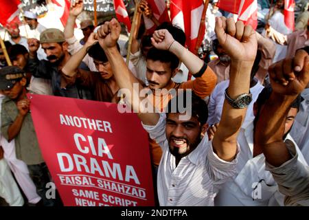 Supporters of the youth wing of the Pakistani religious party  Jamat-e-Islami rally to support Faisal Shahzad, the suspect accused of the  failed Times Square car bombing, in Karachi, Pakistan on Thursday, May