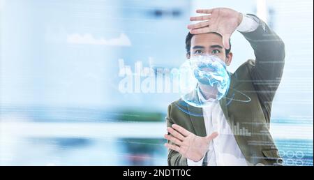 World, hologram and overlay with a business man using a ux interface for global data analysis. Metaverse, ai or 3d with a male employee searching a Stock Photo