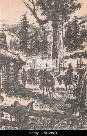 Black and white illustration shows the cowboys. Black and white ...