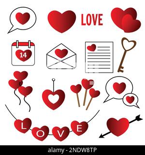 Set of vector hand drawn isolated icons for valentine's day. Love and relationship concept, 14th of February. Gift, heart, calendar, hands, champagne Stock Vector