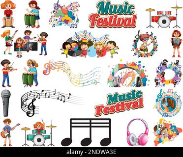 Kids musical instruments and music symbols set illustration Stock Vector