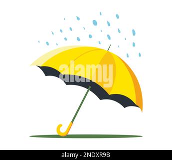 a yellow lonely umbrella lies on the ground and it is raining from the sky. flat vector illustration. Stock Vector