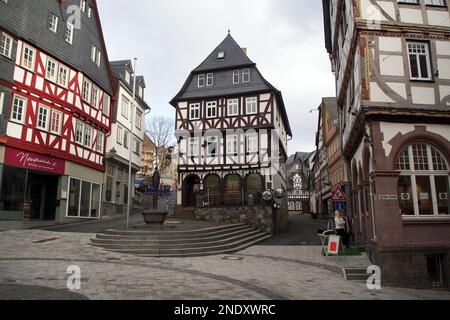 Eisenmarkt, small square lined by traditional timber-framed houses in the heart of the old town, Wetzlar, Germany Stock Photo