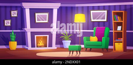 Living room with burning fireplace. Vector cartoon illustration of retro style home interior with armchair, floor lamp, books on shelf in bookcase, blank picture frames on purple walls, potted plants Stock Vector