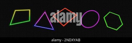 Set of neon light geometric figures glowing isolated on transparent background. Vector realistic illustration of colorful rectangle, circle, hexagon, triangle and rhombus laser frames. Design elements Stock Vector