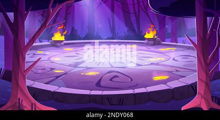 Stone battle arena with runes at night in magic dark forest cartoon background. Vector illustration with fantasy aztec universe with druid temple. Maya altar podium portal for arcade game. Stock Vector