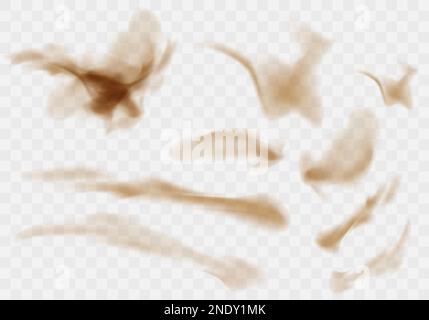 Desert sandstorm set, brown dusty clouds or dry sand flying with gust of wind, explosion collection realistic texture vector illustration isolated on transparent background Stock Vector
