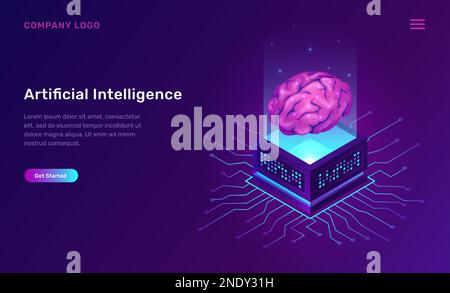 Artificial intelligence or ai isometric concept vector illustration. Virtual human brain over luminous server and connections, future technology icons isolated on ultraviolet banner Stock Vector