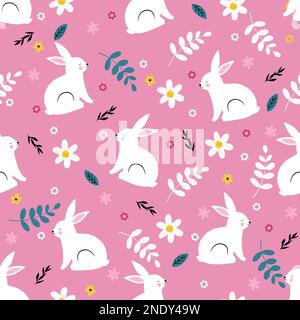 Cute white rabbit fith flowers and leaves. Seamless spring pattern Stock Vector