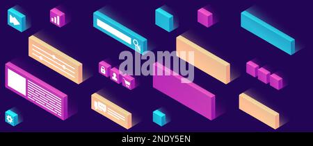 Website constructor isometric icon set vector illustration. 3d pictograms or signs template for creating customize website design, interface isolated on ultraviolet background Stock Vector