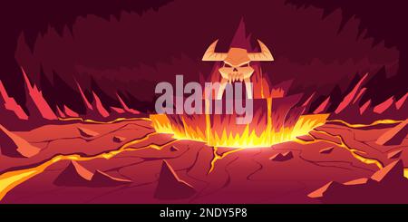 Hell landscape, cartoon vector illustration. Infernal stone cave with cracked hot rocks and volcanoes, flowing molten lava or liquid fire and horned skull, fiery game background Stock Vector