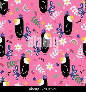 Seamless pattern with tropical birds, plants and flowers. Cartoon flat style Stock Vector