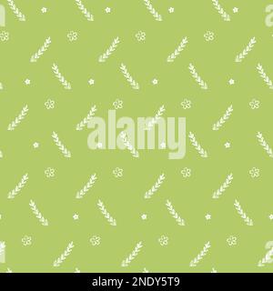 Cute little flowers and twigs on a green background. Spring seamless pattern Stock Vector