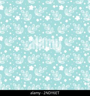 Delicate print with leaves and flowers on blue. Semless simple pattern Stock Vector