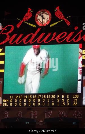 The Busch Stadium scoreboard is seen following a baseball game between the  St. Louis Cardinals and