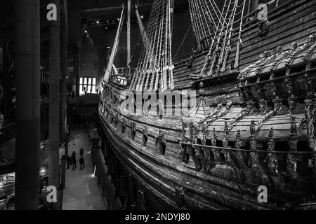 Vasa - old wooden Swedish warship sank on 10 August 1628. Salvaged in 1961. Main attraction of Vasa Museum in Stockholm, Sweden. Black and white image. Stock Photo