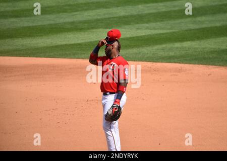 Kennys Vargas at first base for the Minnesota Twins on an August 31, 2017, game day at Target Field in Minneapolis. Stock Photo