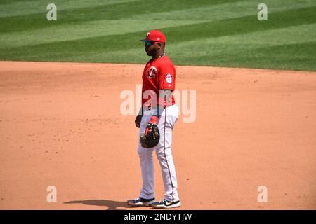 Kennys Vargas at first base for the Minnesota Twins on an August 31, 2017, game day at Target Field in Minneapolis. Stock Photo