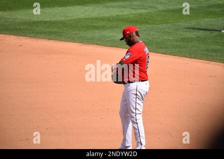 Kennys Vargas at first base for the Minnesota Twins on an August 31, 2017, game day at Target Field in Minneapolis. Stock Photo